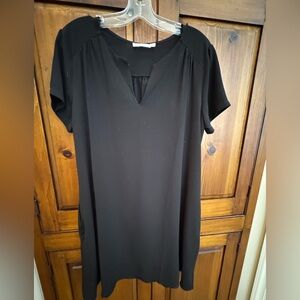 Lush Ladies Large V-Neck Black shortsleeved flair shift dress w/pockets. NWOT